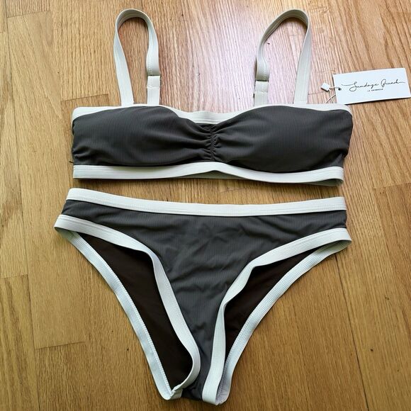 Sundays Brunch Women's Two Piece Swimsuit Wandering In Paris Brown White Sz L - Picture 1 of 10
